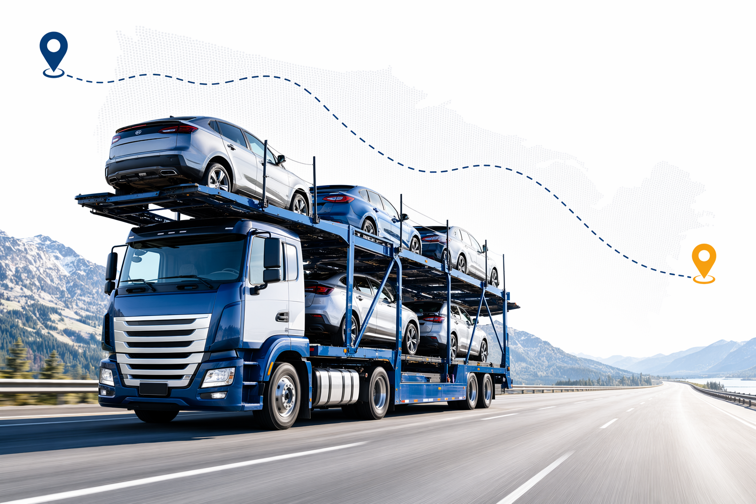 An open auto-transport carrier loaded with cars on a cross-country route